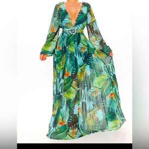 Floral printed long sleeve maxi dress with belt